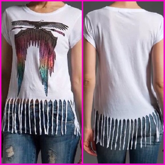 WILDFOX NWT Feather Fringe Hem Crop Tee Shirt White XS - Picture 2 of 2
